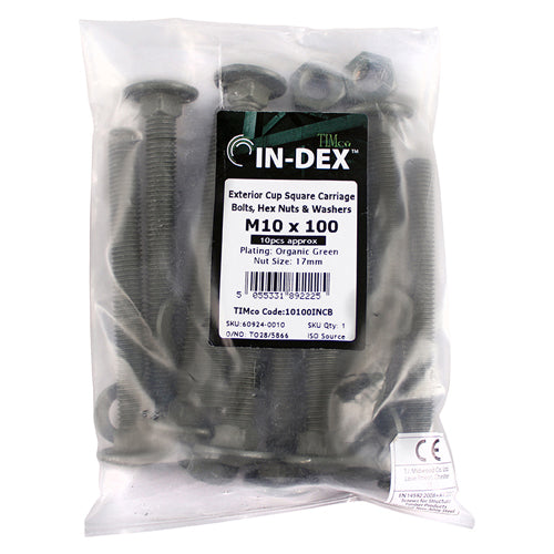 Carriage Bolt,Nut & Washer-GRN M10 x 100