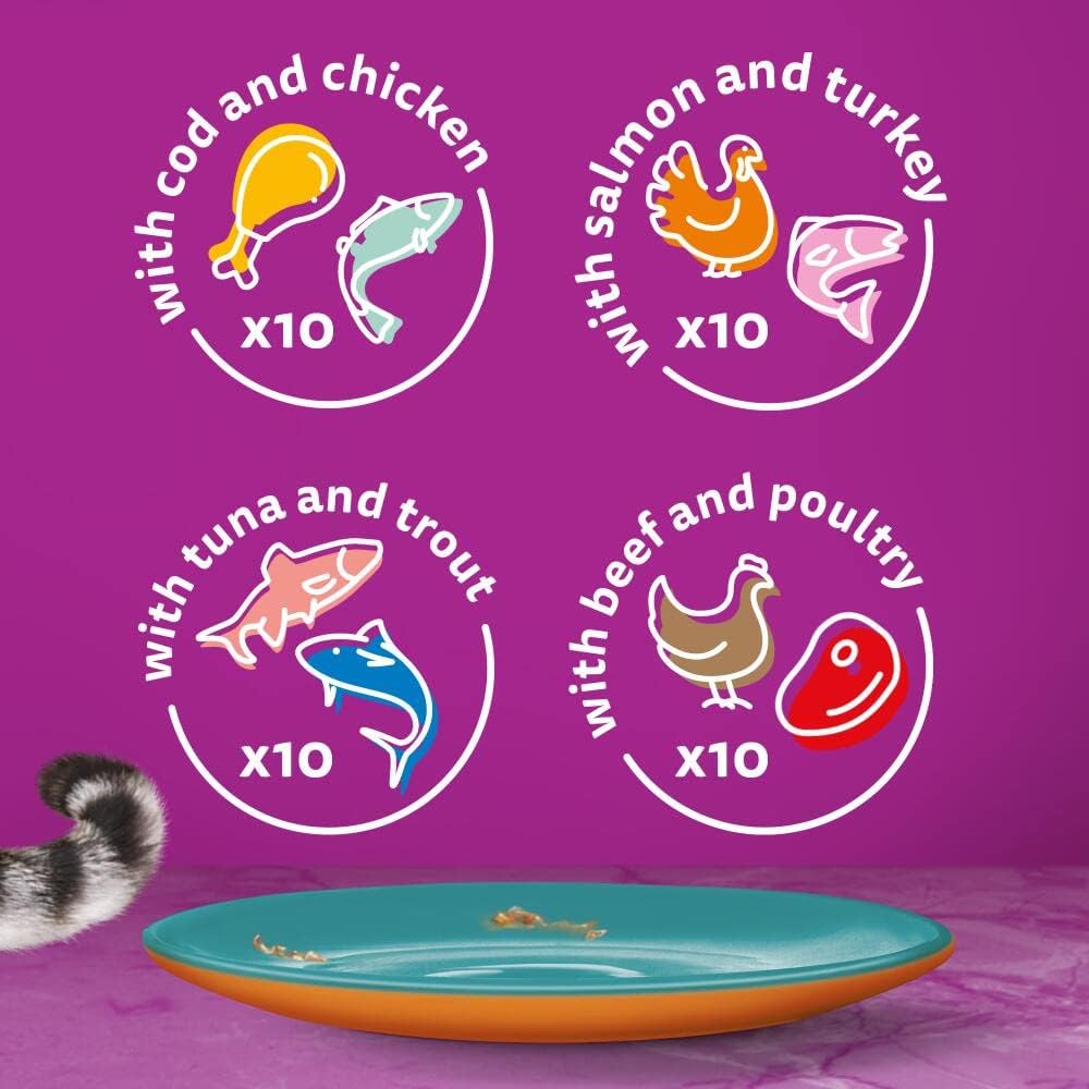 WHISKAS Adult Wet Cat Food Pouches (40 x 85g) – Surf & Turf in Jelly | Mega Value Pack