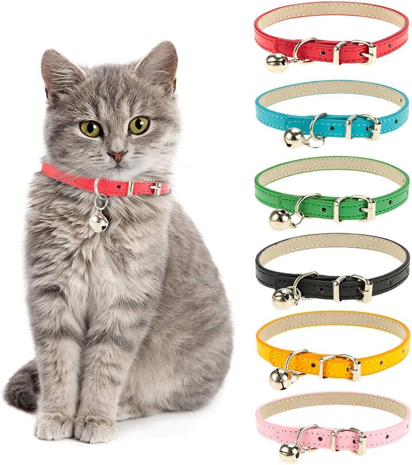 Maparah 6-Units Adjustable Leather Cat Collars with Removable Bell Polished Durable Metal Buckle