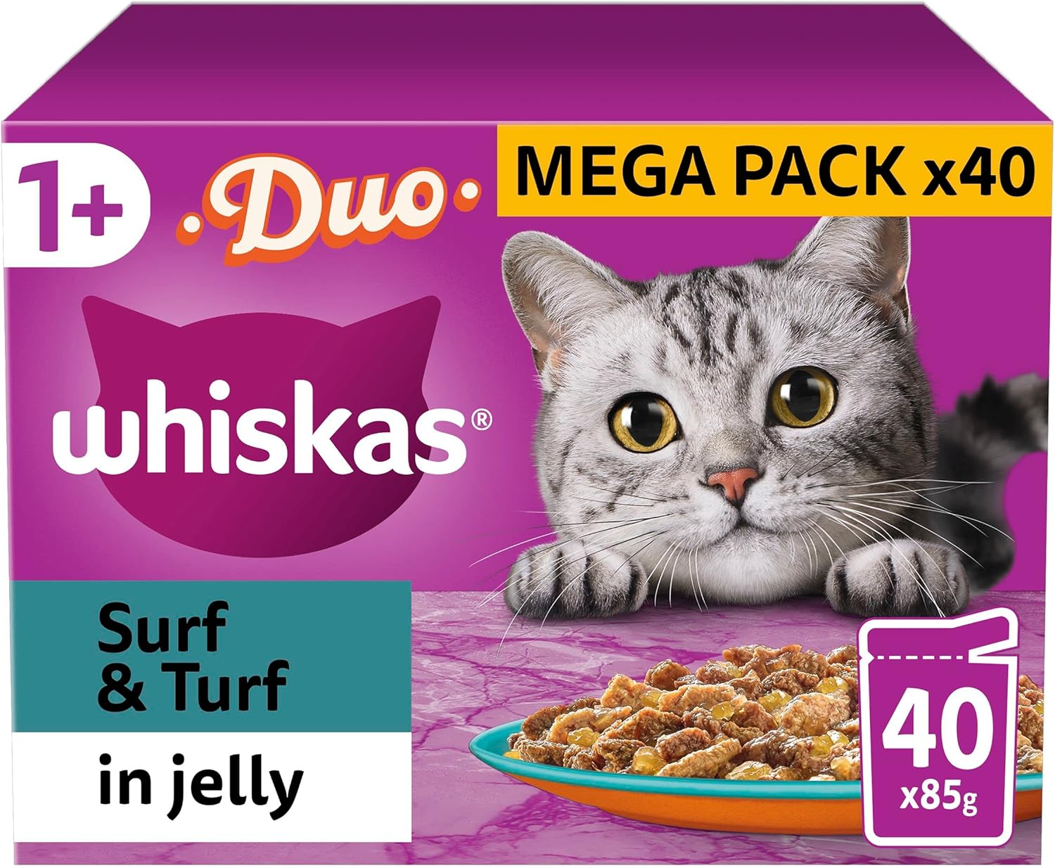 WHISKAS Adult Wet Cat Food Pouches (40 x 85g) – Surf & Turf in Jelly | Mega Value Pack
