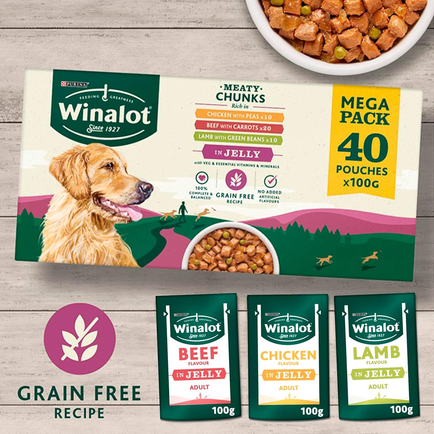 WINALOT Meaty Chunks Mixed in Jelly Wet Dog Food Pouches (40 x 100g) – Mixed Flavours Multipack