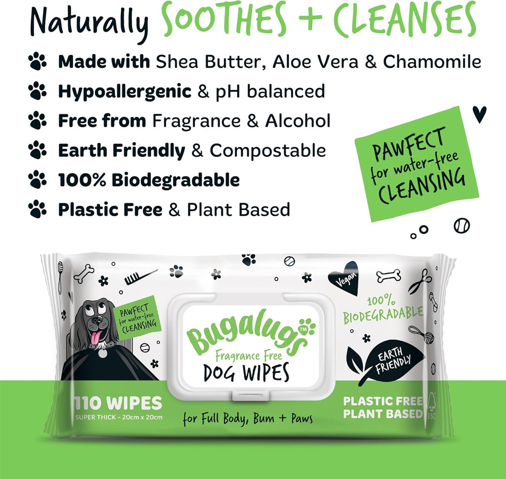 Bugalugs Plastic-Free Wipes – Fragrance-Free Sensitive Wipes for Dogs, Puppies & Cats (110 Wipes)