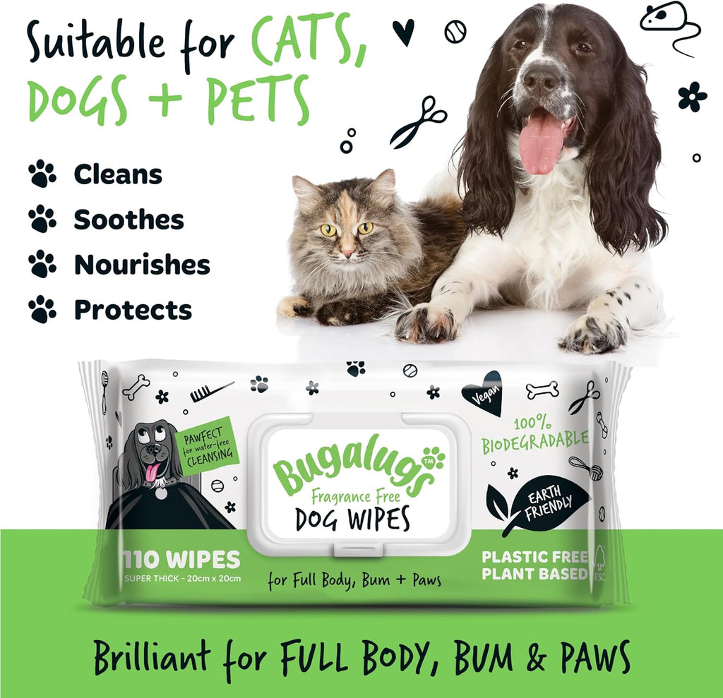 Bugalugs Plastic-Free Wipes – Fragrance-Free Sensitive Wipes for Dogs, Puppies & Cats (110 Wipes)