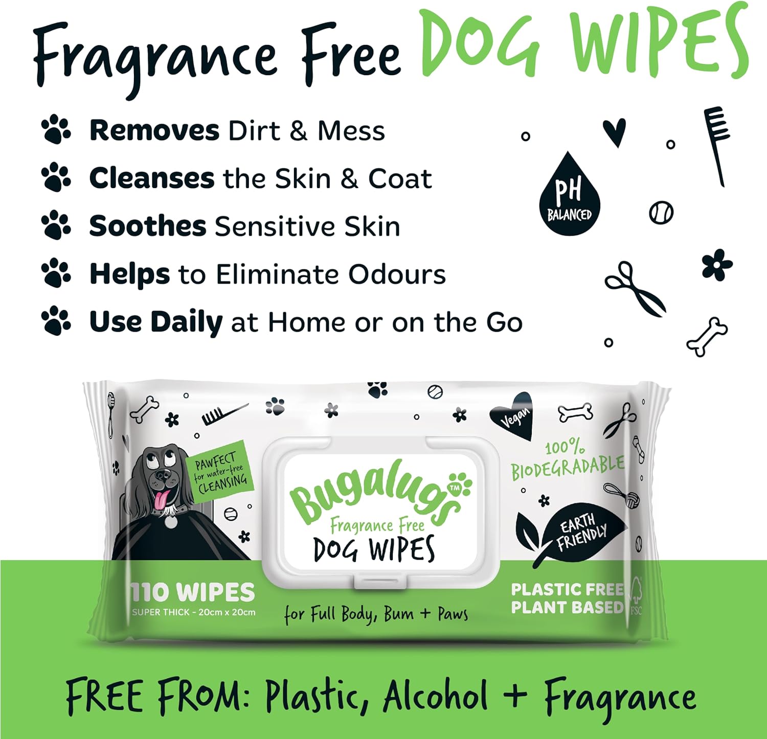 Bugalugs Plastic-Free Wipes – Fragrance-Free Sensitive Wipes for Dogs, Puppies & Cats (110 Wipes)
