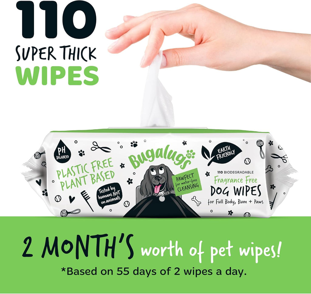 Bugalugs Plastic-Free Wipes – Fragrance-Free Sensitive Wipes for Dogs, Puppies & Cats (110 Wipes)