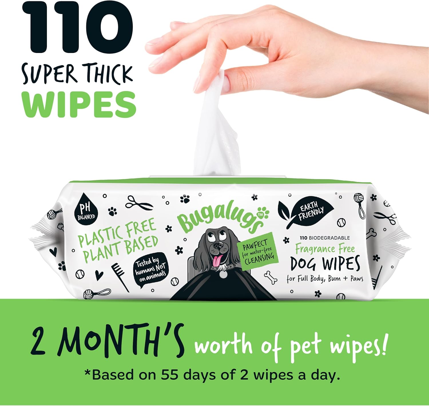 Bugalugs Plastic-Free Wipes – Fragrance-Free Sensitive Wipes for Dogs, Puppies & Cats (110 Wipes)