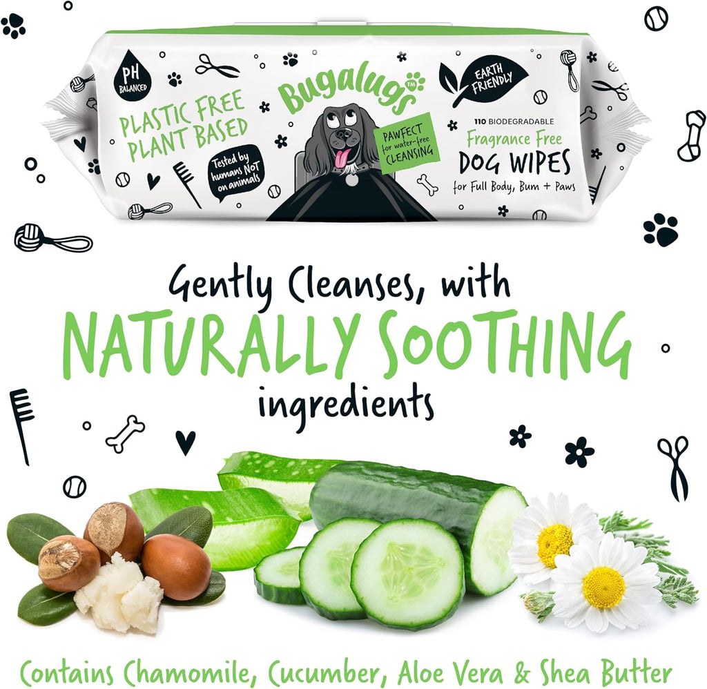 Bugalugs Plastic-Free Wipes – Fragrance-Free Sensitive Wipes for Dogs, Puppies & Cats (110 Wipes)