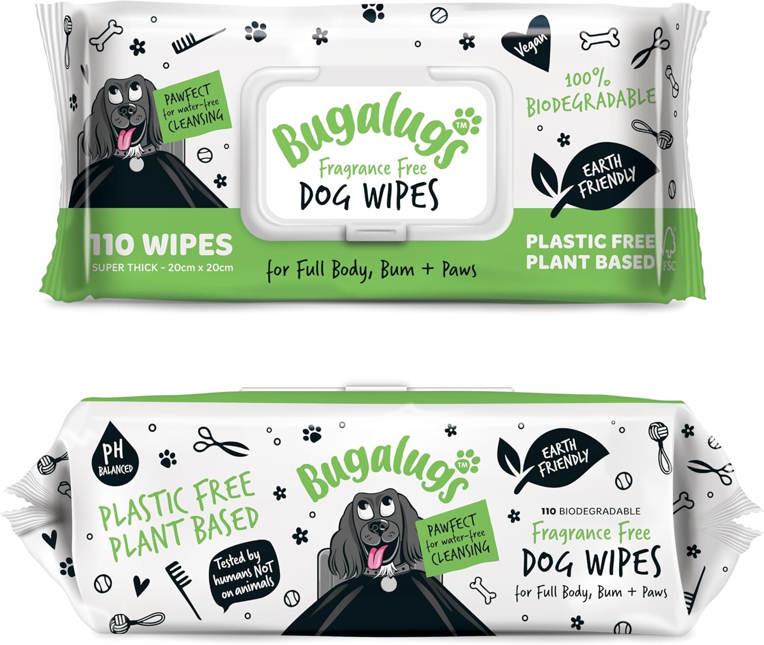 Bugalugs Plastic-Free Wipes – Fragrance-Free Sensitive Wipes for Dogs, Puppies & Cats (110 Wipes)